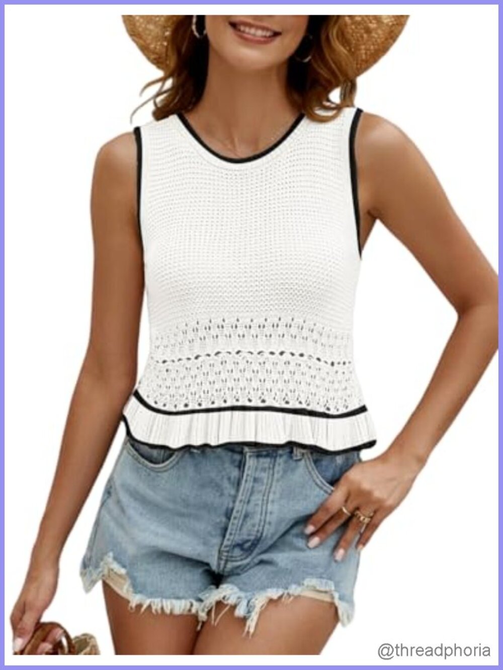 Crochet Crop Tank Top Sleeveless Knit Sweater Vest Ruffle Hem Summer